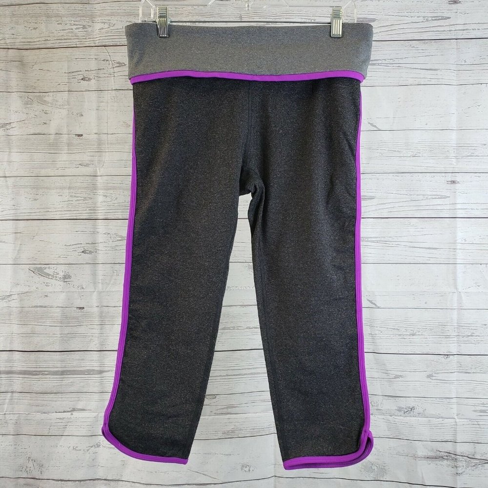 Ellie Womens Capri Leggings Sz XL Gray Purple Fold Over Waist